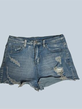 LIKE NEW!! Girls 12Y SHEIN Denim Distressed Frayed Hem Shorts - Blue